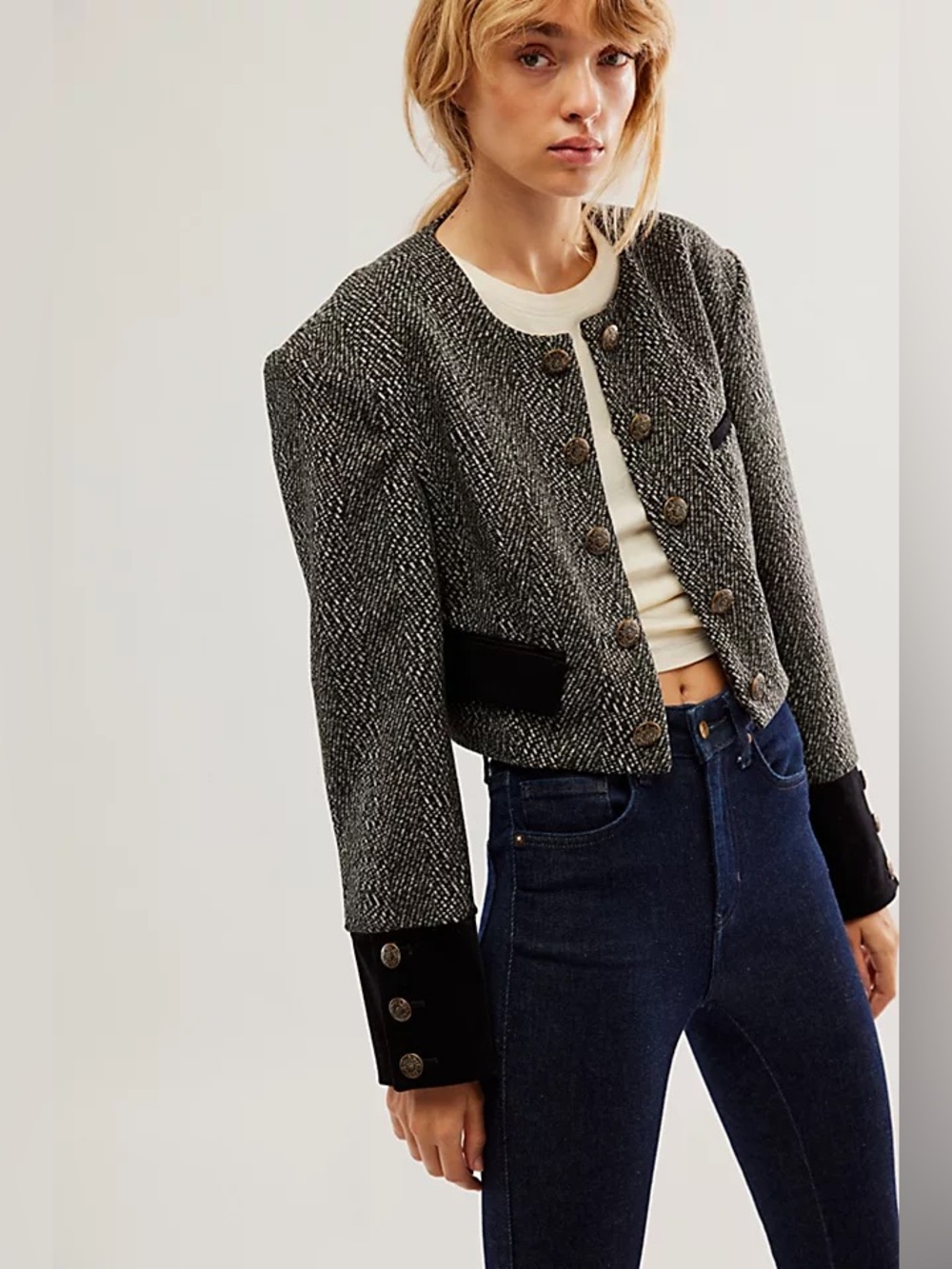 Free People Emily Jacket Tweed Double Breasted Cropped NWOT
